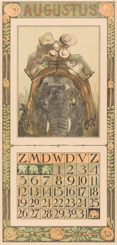 Kalenderblad Augustus Met Olifant