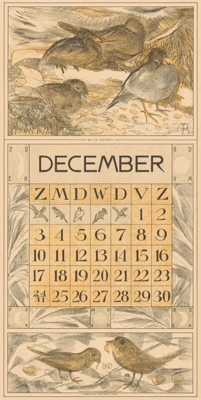 Kalenderblad December Met Etende Vogels