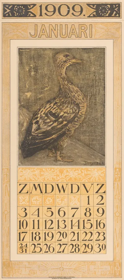 Kalenderblad Januari Met Staande Eend