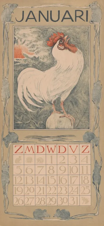 Kalenderblad Januari Met Witte Haan