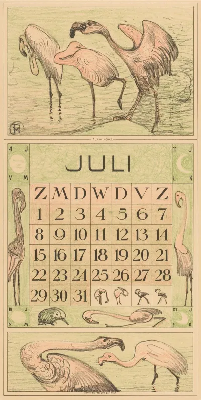 Kalenderblad Juli Met Flamingos