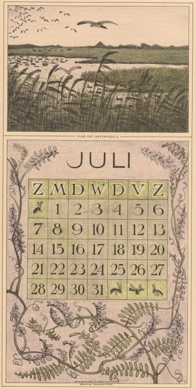 Kalenderblad Juli Met Landschap Met Vogels