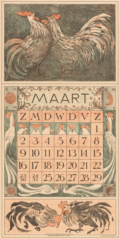 Kalenderblad Maart Met Twee Hanen 2