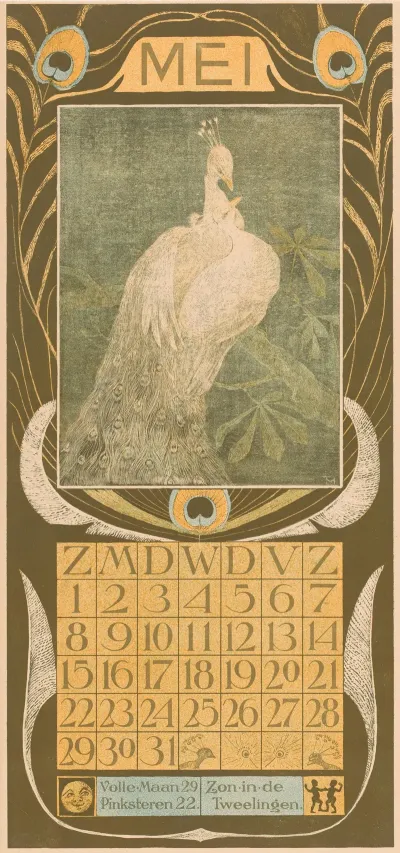 Kalenderblad Mei Met Twee Pauwen