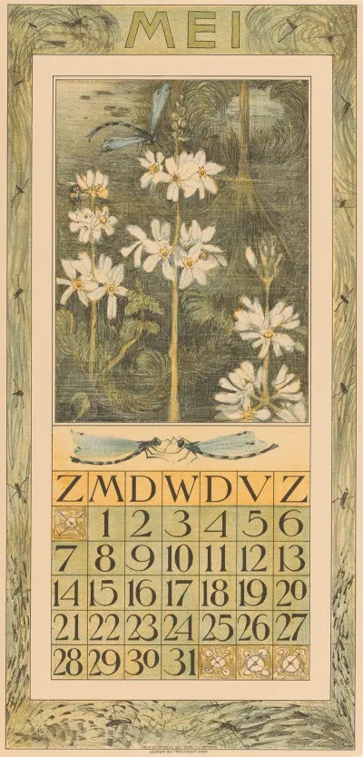 Kalenderblad Mei Met Waterplanten En Libel