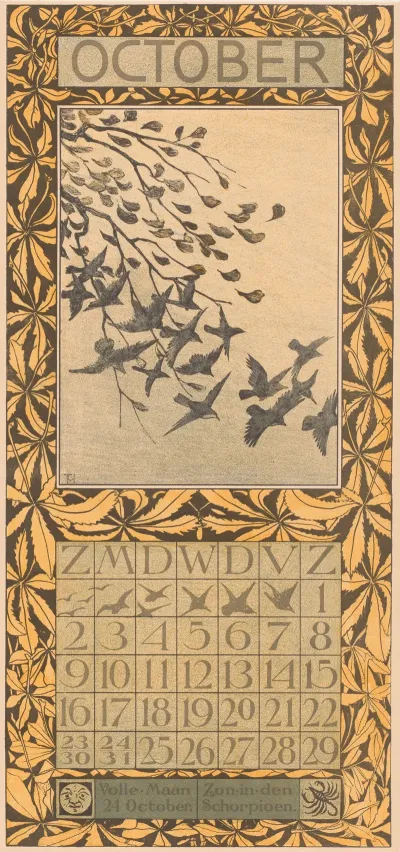 Kalenderblad Oktober Met Bladeren En Vogels