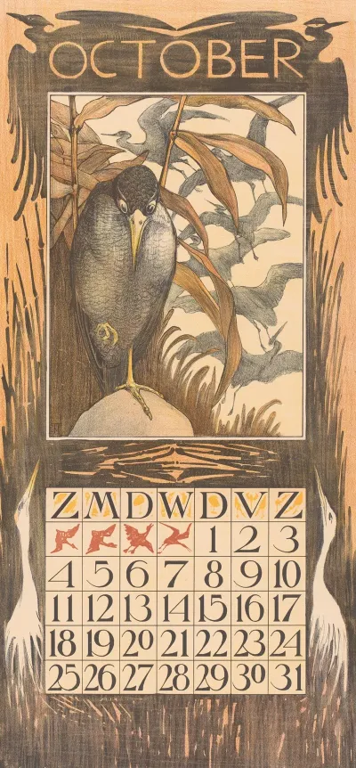 Kalenderblad Oktober Met Vogel Op Een Poot