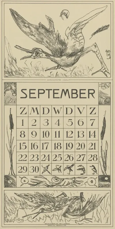 Kalenderblad September Met Aangeschoten Vogel