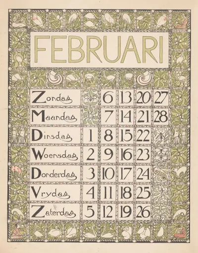 Kalenderblad Voor Februari 1898