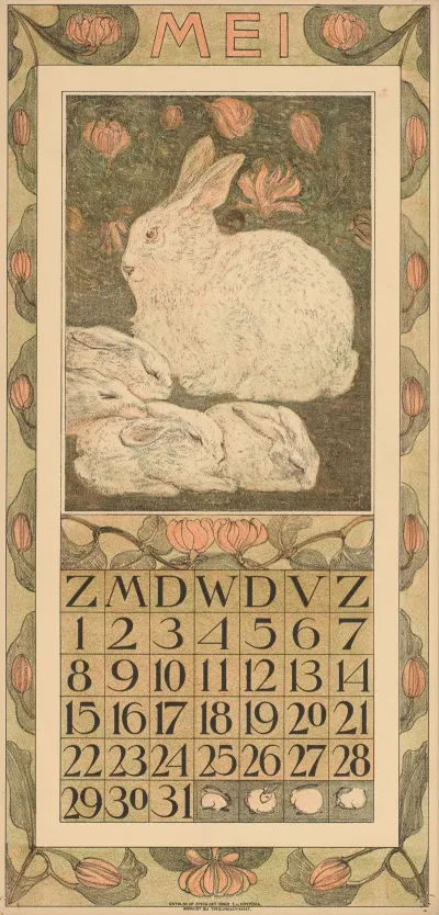 Kalenderblad Voor Mei 1910 Met Een Wit Konijn Met Vier Jongen