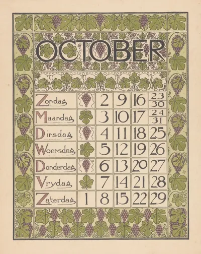 Kalenderblad Voor Oktober 1898