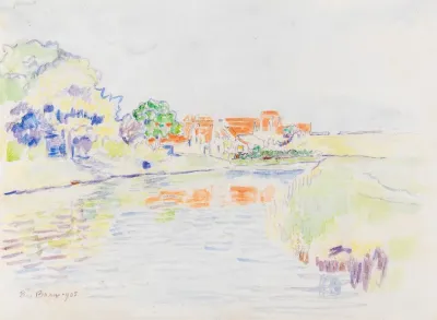 Kanal Zwischen Waldchen Und Wiesen Vor Einem Dorf Mit Roten Dachern