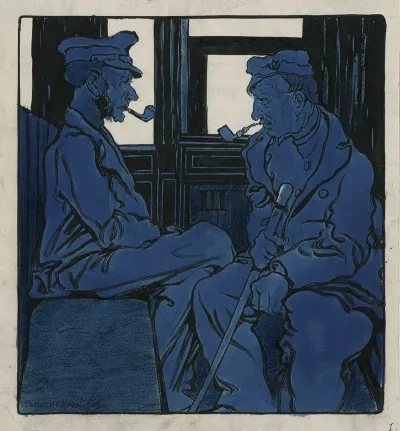 Karikatuur Van Twee Mannen In Een Trein Dogmatiek