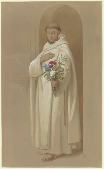 Kartausermonch Mit Einem Straus Symbolischer Blumen