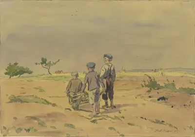 Kinder Mit Schubkarren Auf Einem Landweg