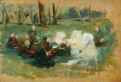 Kindergruppe Mit Drei Weisgekleideten Nonnen Und Einem Geistlichen Auf Einer Waldwiese In Der Sonne