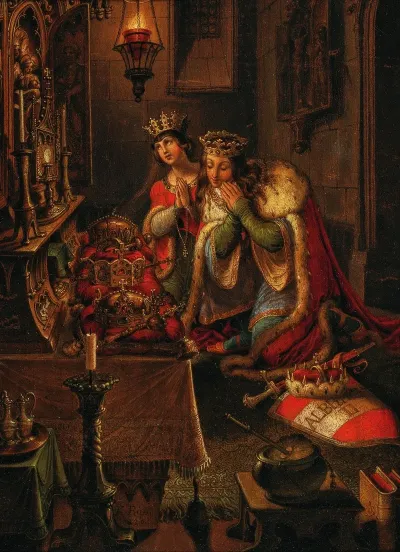 King Albert Ii And His Wife Elizabeth Of Luxembourg In Prayer On The Altar The Crowns Of Bohemia And Hungary As Well As The Imperial Crown Of The Holy Roman Empire