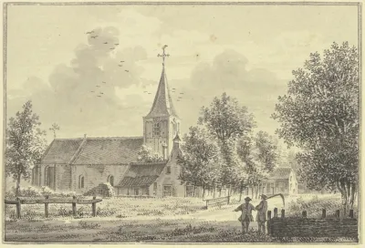 Kirche An Der Landstrasse Rechts Zwei Manner Der Eine Tragt Eine Sense