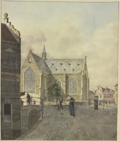 Kirche Bei Einer Brucke Ein Lahmer Bettler Bei Einer Dame