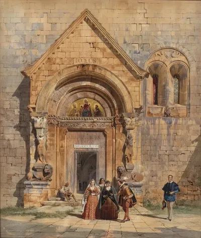 Kirchenportal Und Personengruppe