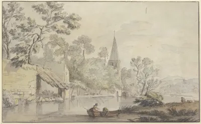 Kirchturm Und Einige Gebaude An Einem Wasser Vorne Zwei Frauen In Einem Kahn