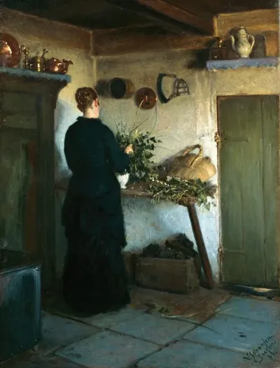 Kitchen Interior The Artists Wife Arranging Flowers