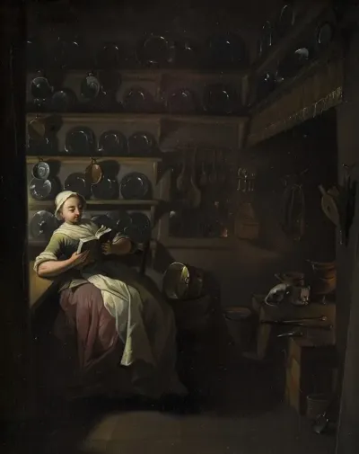 Kitchen Interior With A Girl Reading