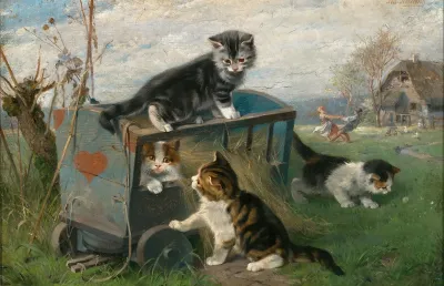 Kittens Playing On A Cart In The Meadow