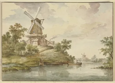 Kleiner Flus An Dessen Ufer Zwei Windmuhlen