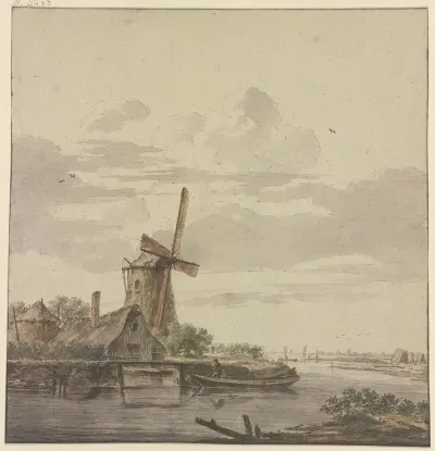 Kleiner Fluss Der Ins Meer Mundet Links Eine Windmuhle