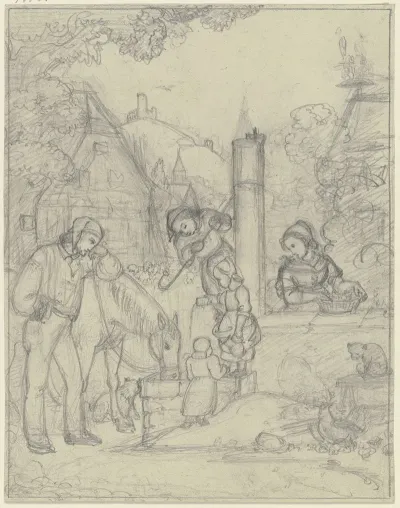 Knecht Mit Pferd Und Bauernkindern An Einem Dorfbrunnen
