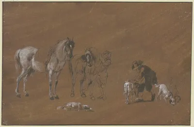 Knecht Mit Zwei Pferden Und Ein Knabe Mit Hunden