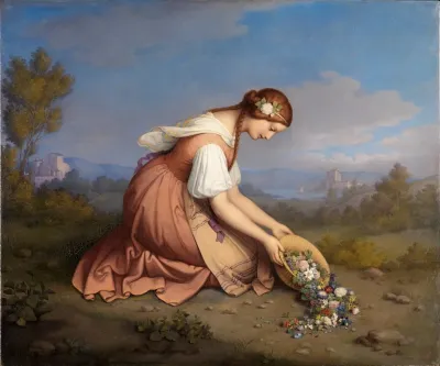 Kneeling Girl Pouring Out A Basket Of Flowers