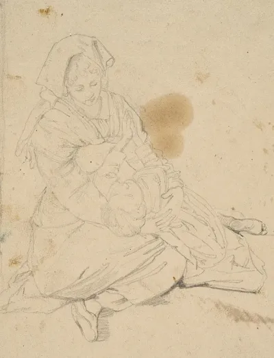 Kneeling Italian Woman Holding A Praying Girl