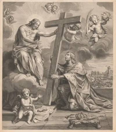 Kneeling King Before Christ On A Cloud Between Them The Cross