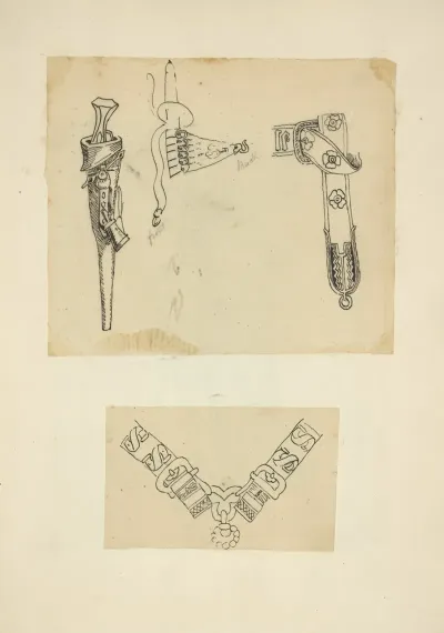 Knife In A Sheath Belt With Attachment And Hook Belt Buckle Two Buckles Joined With Ornamental Hardware