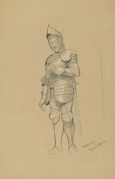 Knight In Armour With A Sword At His Side Wearing A Helmet On His Head