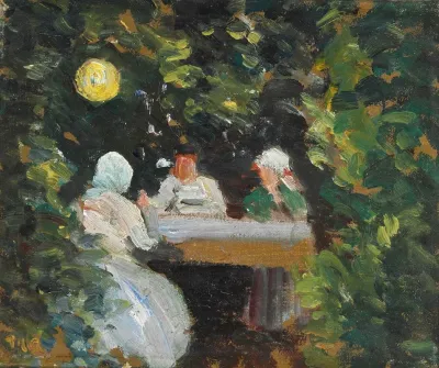 Komsammen I Haven En Sommeraften Under Lampen