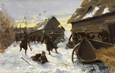 Kriegsgefecht In Einem Verschneiten Dorf