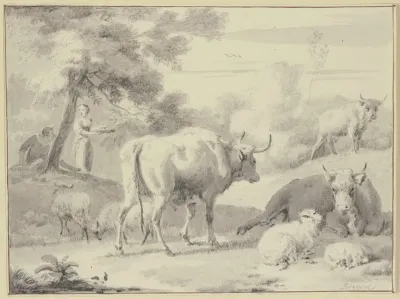 Kuhe Und Schafe Links Unter Einem Baum Hirte Und Hirtin