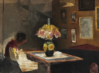 Kunstnerens Hustru Sigrid Syende Ved Lampelys Karrebaeksminde