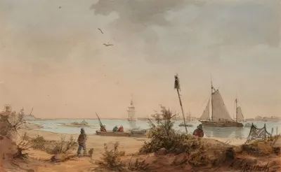 Kustenlandschaft Mit Fischern Und Segelschiffen In Der Ferne
