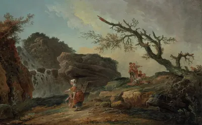 La Cascade A Rocky Hillside With A Peasant Woman And Child Near A Waterfall And Boys Resting By A Blasted Tree