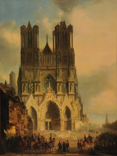 La Facade De La Cathedrale De Reims Avec Une Procession Medievale Et Un Cortege Au Premier Plan