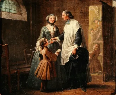 Labbe De Catechisme Recevant Un Enfant Amene Par Sa Soeurs