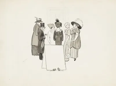 Ladies And Gentlemen In Fancy Clothes Stand Talking To Each Other