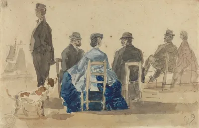 Ladies And Gentlemen Seated On The Beach With A Dog