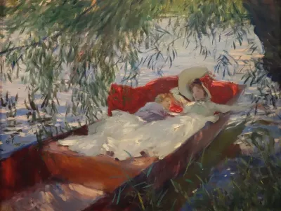 Lady And Child Asleep In A Punt Under The Willows