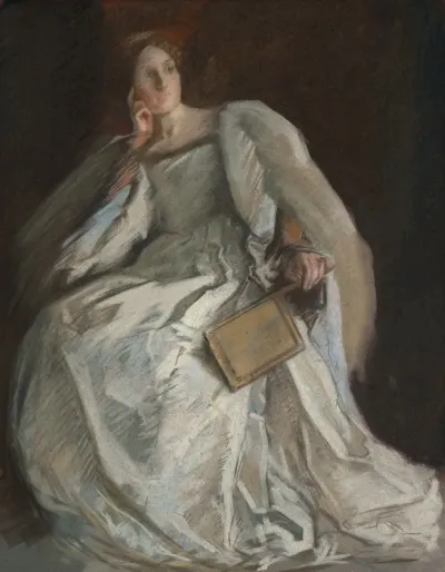 Lady In White Seated Right Hand To Chin Holding Fan
