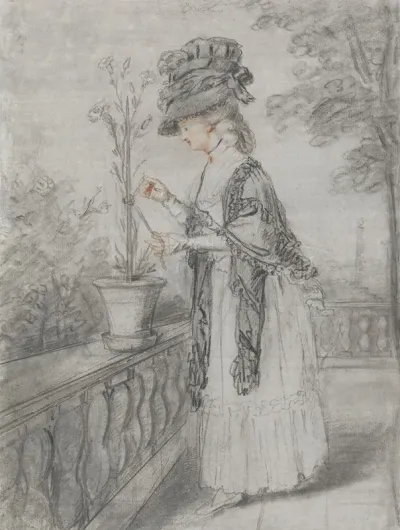 Lady On A Terrace Tending A Carnation Plant